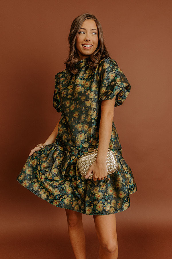 Moonlit Blooms Floral Jacquard Mini Dress Image - 2