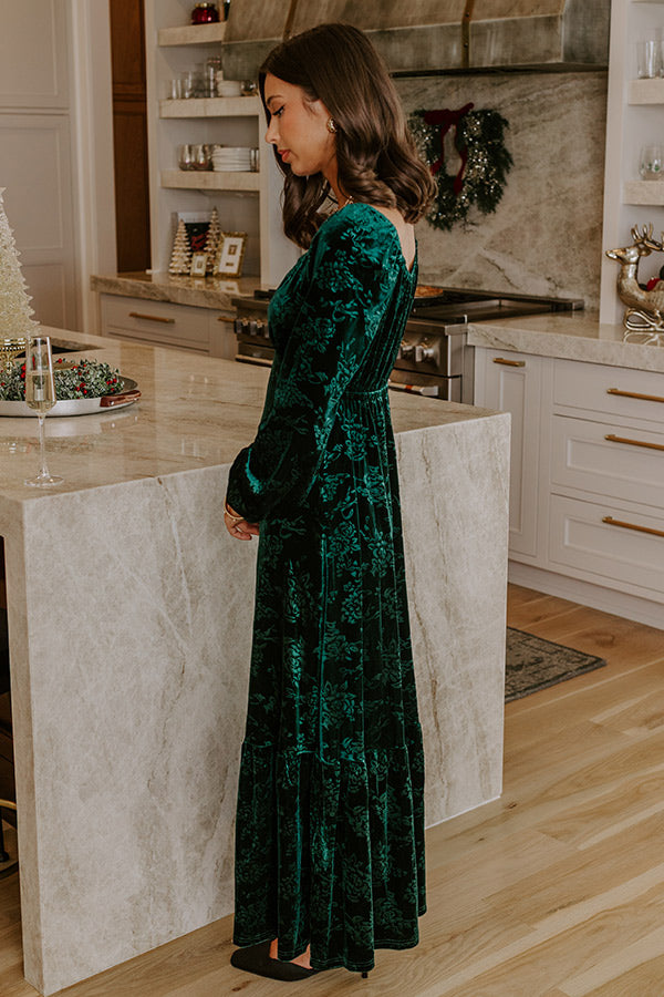 Champagne Toast Floral Velvet Maxi Dress in Emerald Image - 5