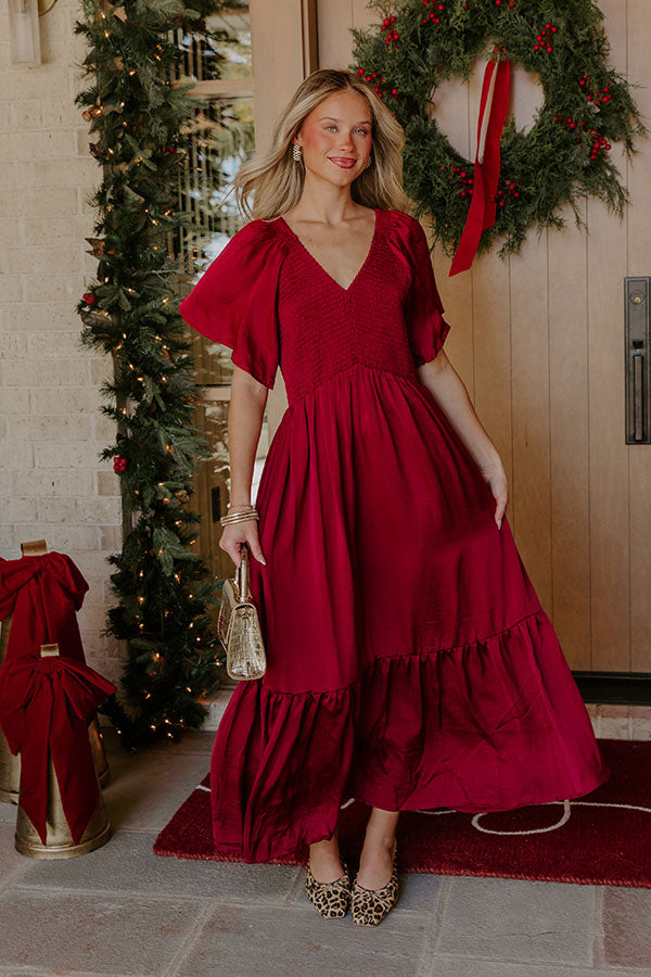 Storybook Charm Smocked Satin Midi Dress in Wine Image - 1