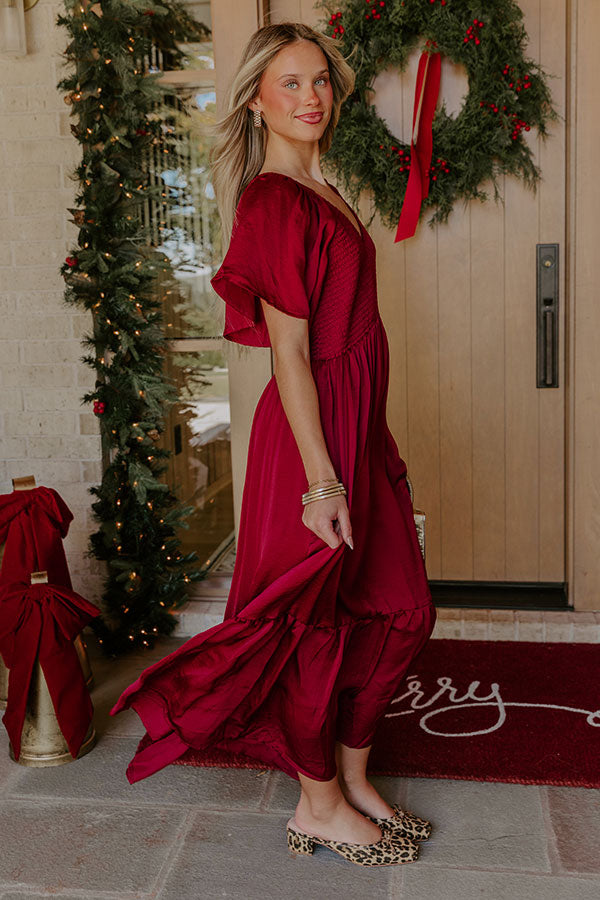 Storybook Charm Smocked Satin Midi Dress in Wine Image - 5