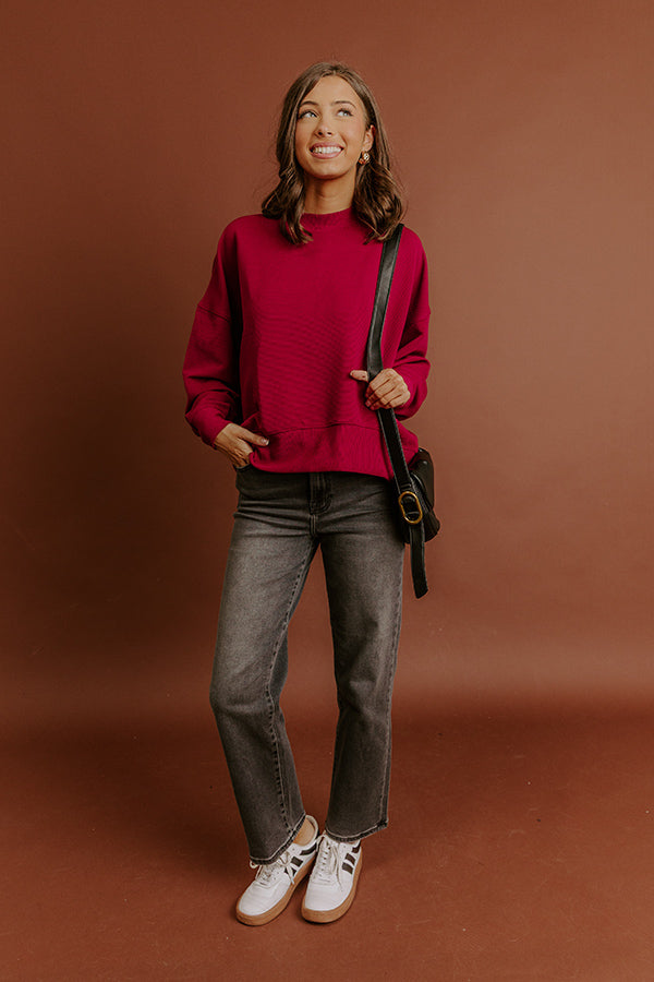 Poetic Muse Ribbed Sweatshirt in Wine Image - 3