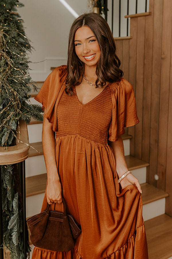 Storybook Charm Smocked Satin Midi Dress in Copper Image - 2
