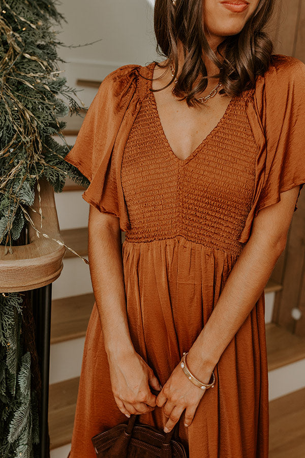 Storybook Charm Smocked Satin Midi Dress in Copper Image - 5