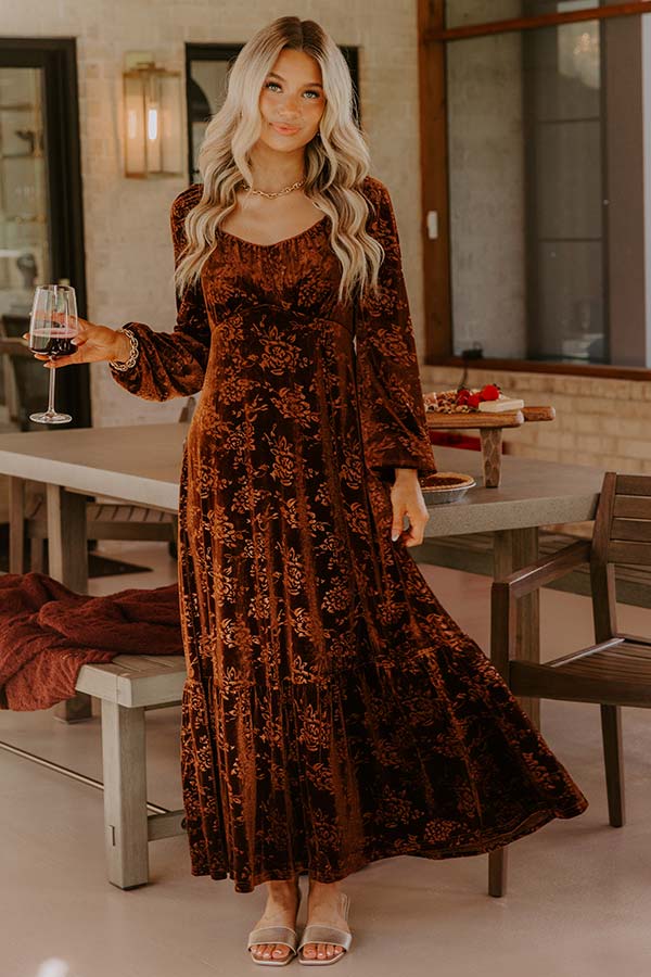 Champagne Toast Floral Velvet Maxi Dress in Chocolate Image - 1
