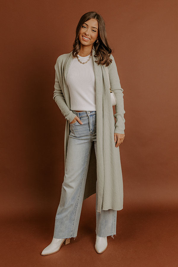 Cappuccino Sippin Waffle Knit Duster Cardigan in Light Sage Image - 1