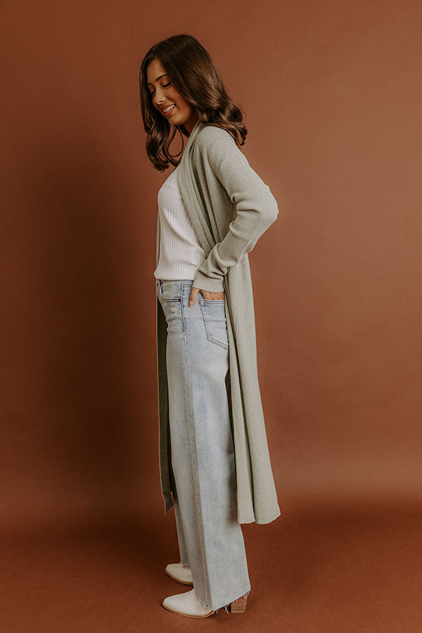 Cappuccino Sippin Waffle Knit Duster Cardigan in Light Sage Image - 4