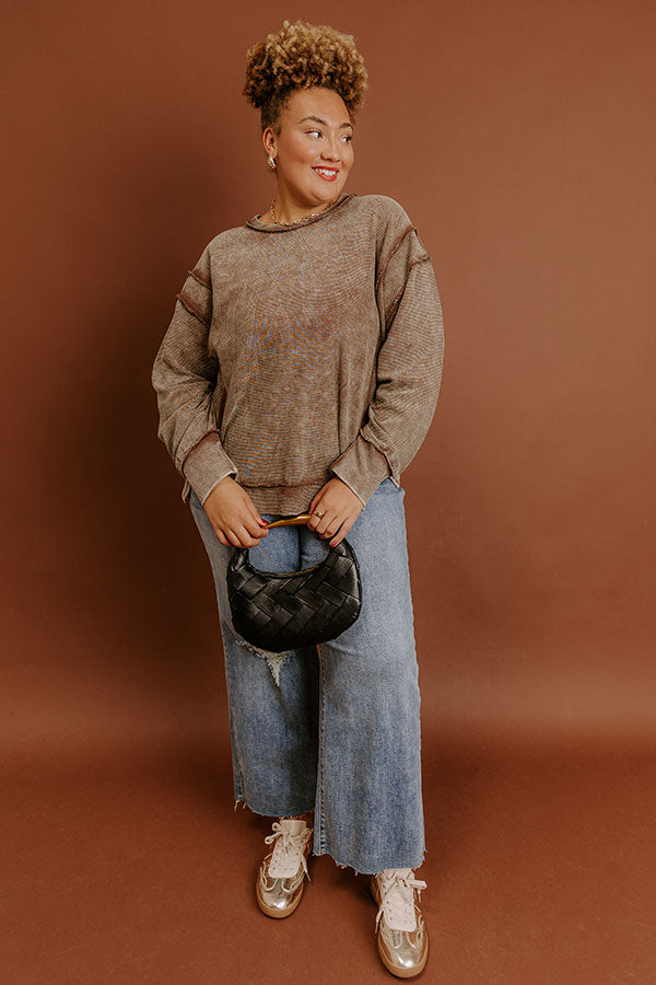 Modern Cozy Vintage Wash Ribbed Sweatshirt in Mocha Curves Image - 2