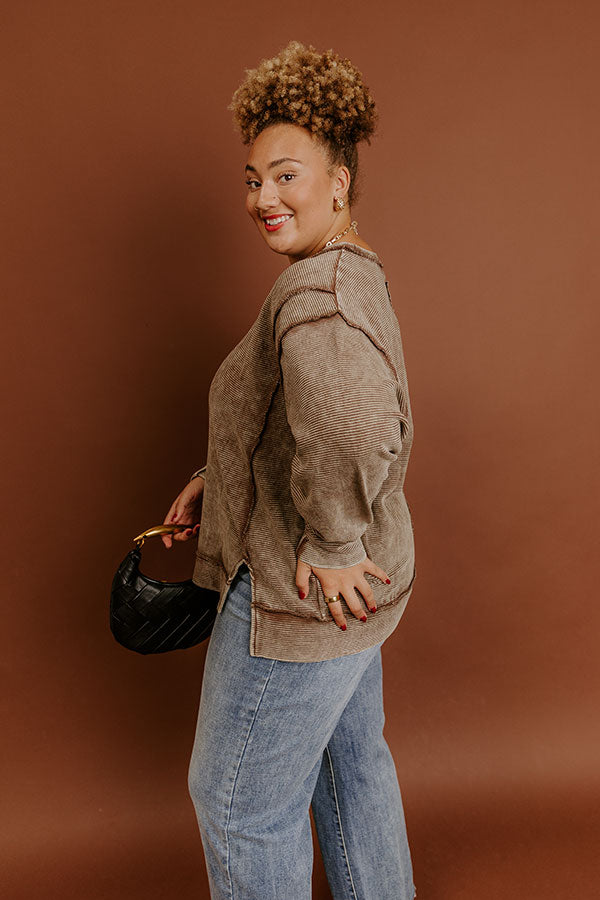 Modern Cozy Vintage Wash Ribbed Sweatshirt in Mocha Curves Image - 5