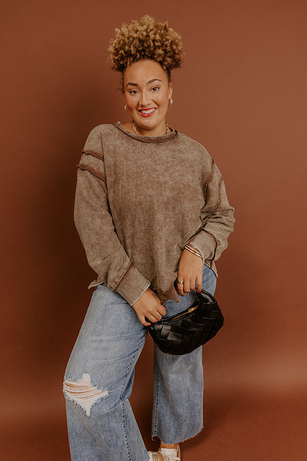 Modern Cozy Vintage Wash Ribbed Sweatshirt in Mocha Curves Image - 3