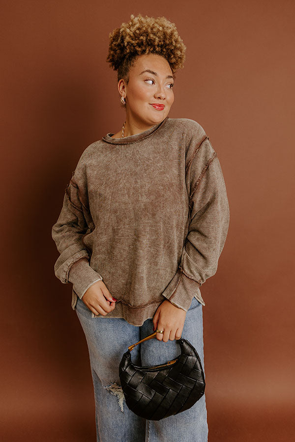 Modern Cozy Vintage Wash Ribbed Sweatshirt in Mocha Curves Image - 1