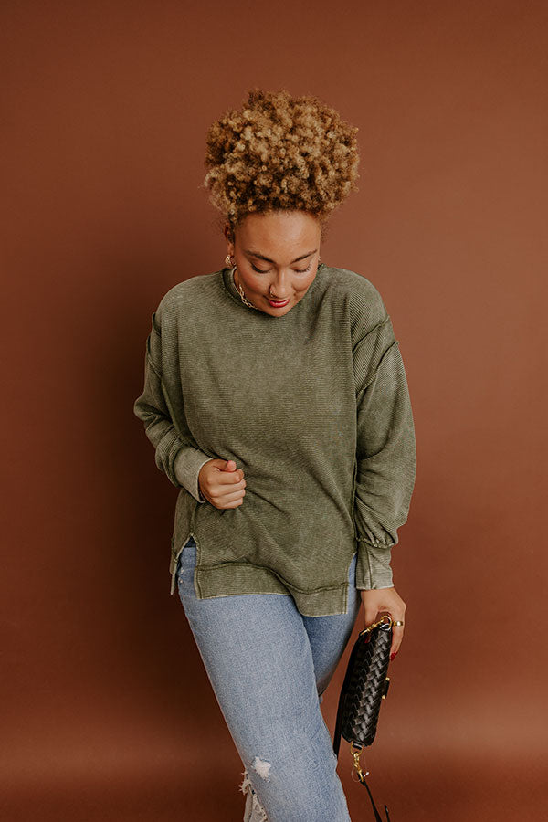 Modern Cozy Vintage Wash Ribbed Sweatshirt in Olive Curves Image - 3