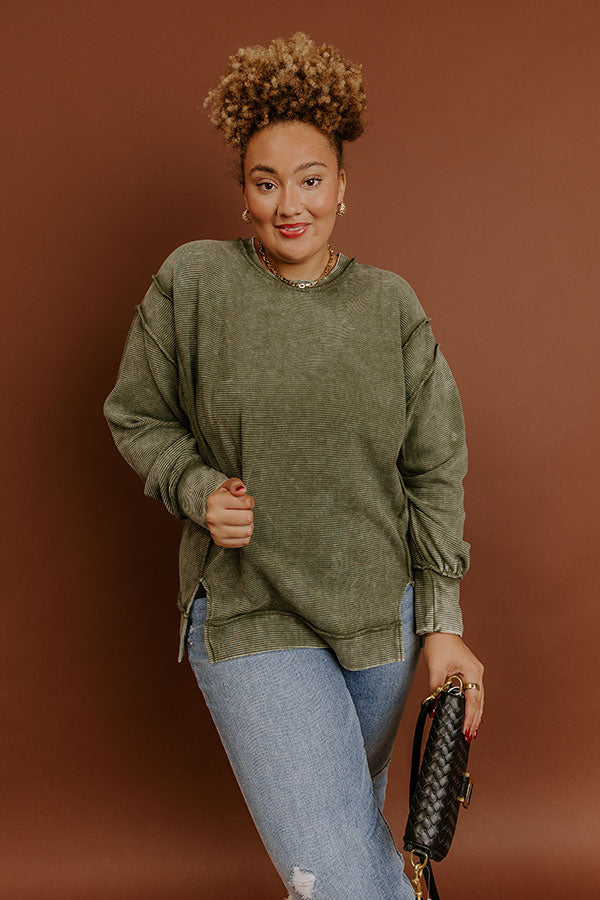 Modern Cozy Vintage Wash Ribbed Sweatshirt in Olive Curves Image - 1