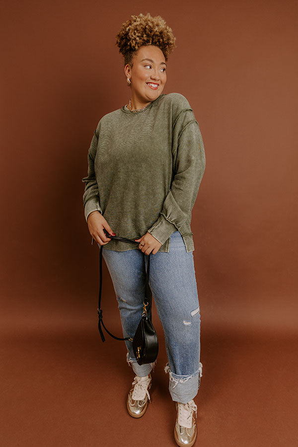 Modern Cozy Vintage Wash Ribbed Sweatshirt in Olive Curves Image - 2