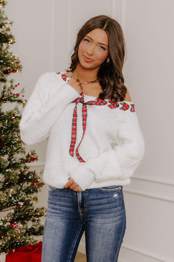 Soft Smile Eyelash Knit Sweater Top in Plaid Ribbon Image - 1