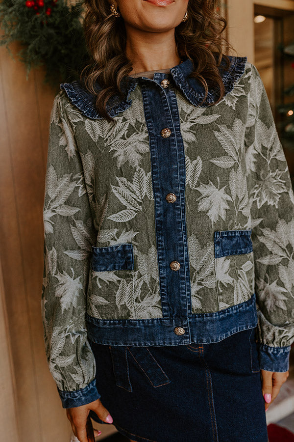 Central Park Leaves Jacquard Denim Jacket in Olive Image - 2