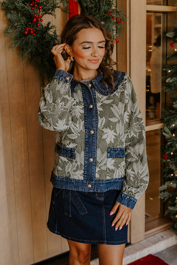 Central Park Leaves Jacquard Denim Jacket in Olive Image - 5