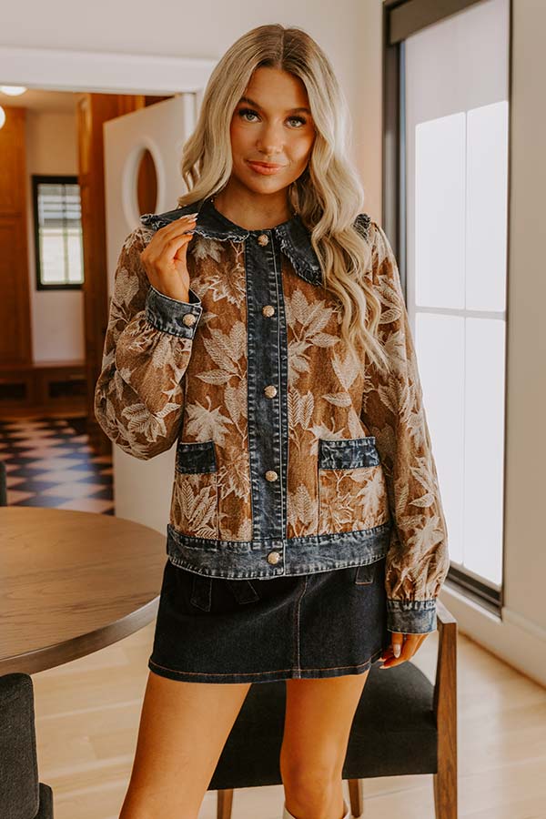 Central Park Leaves Jacquard Denim Jacket in Chocolate Image - 3