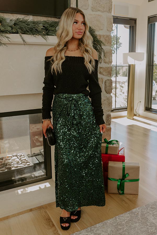 Shimmering Smile High Waist Sequin Wrap Maxi Skirt in Hunter Green Image - 2