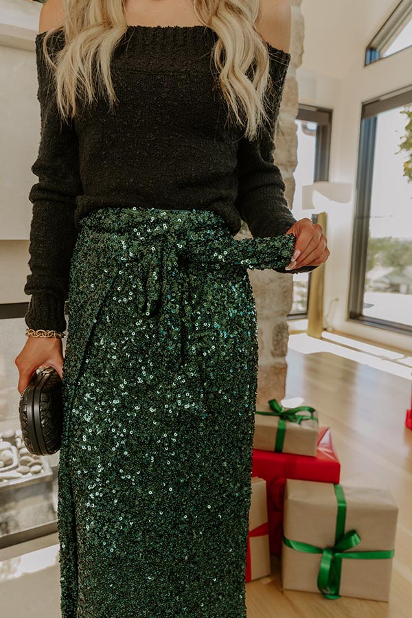 Shimmering Smile High Waist Sequin Wrap Maxi Skirt in Hunter Green Image - 4