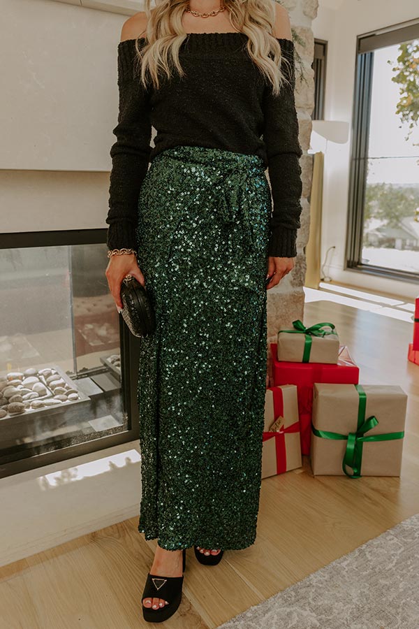 Shimmering Smile High Waist Sequin Wrap Maxi Skirt in Hunter Green Image - 1