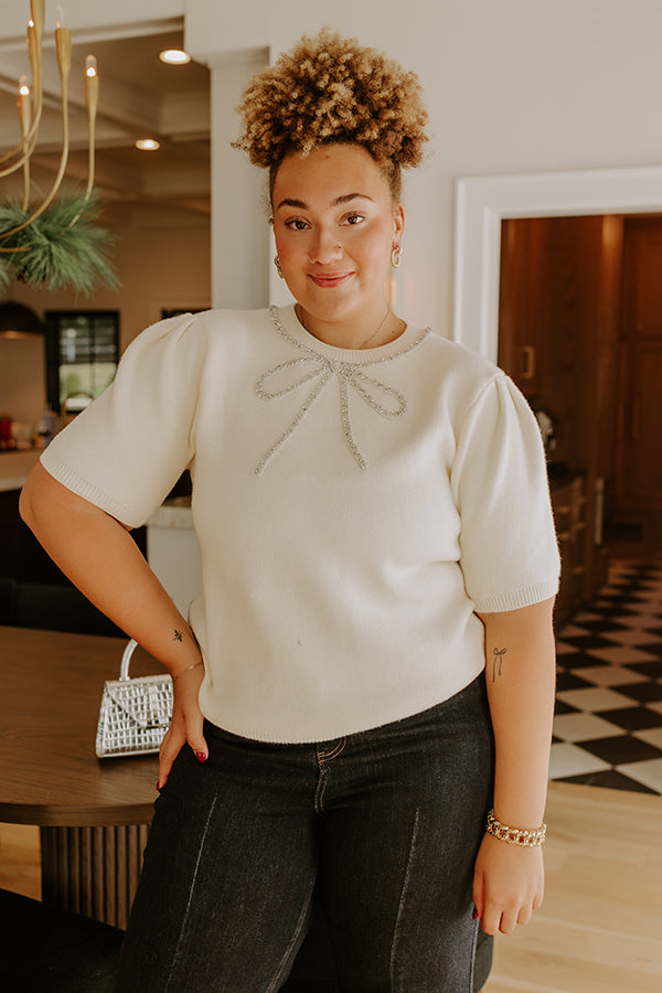 Bow-tiful Moment Embellished Sweater Top in Cream Curves Image - 1