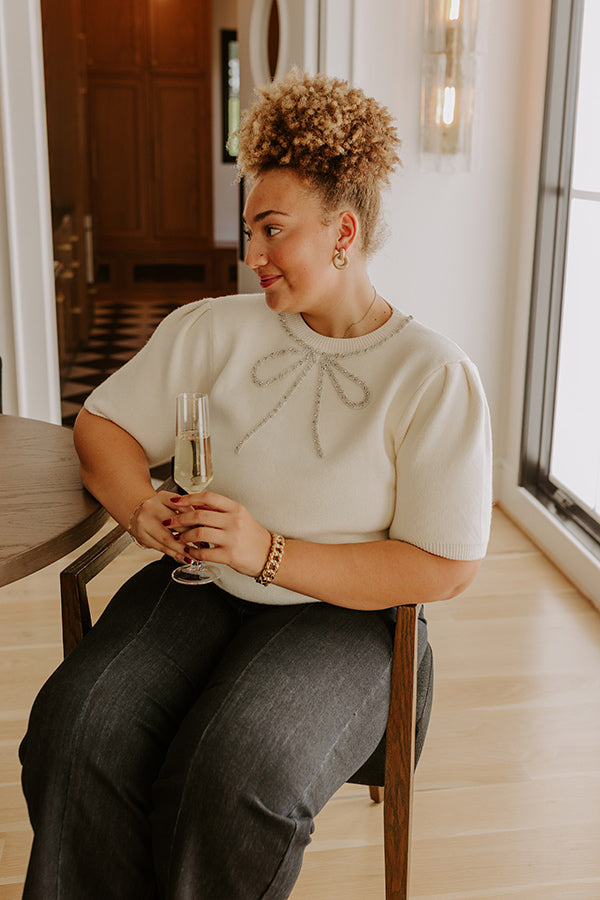 Bow-tiful Moment Embellished Sweater Top in Cream Curves Image - 5