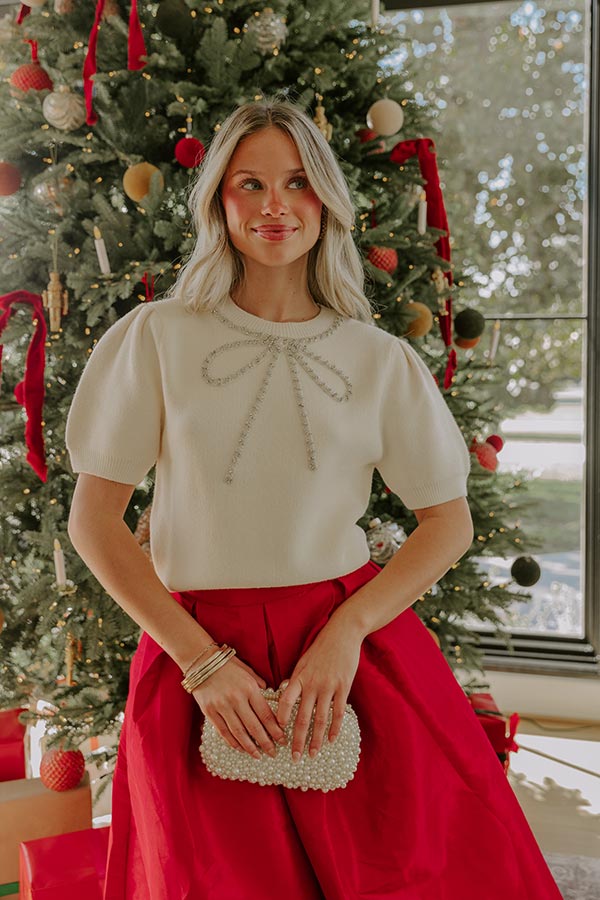 Bow-tiful Moment Embellished Sweater Top in Cream Image - 1