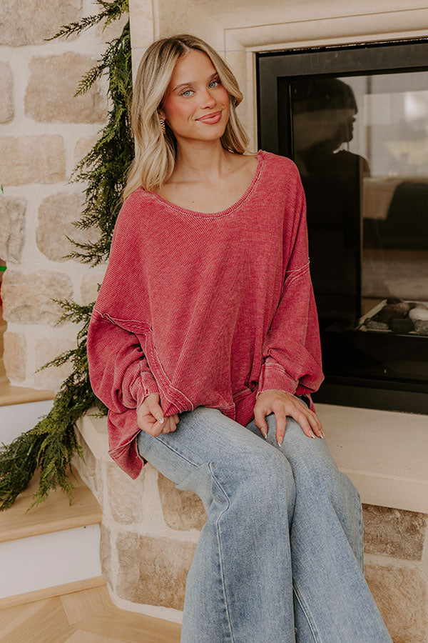 Relax And Reset Waffle Knit Oversized Tee in Crimson Image - 1