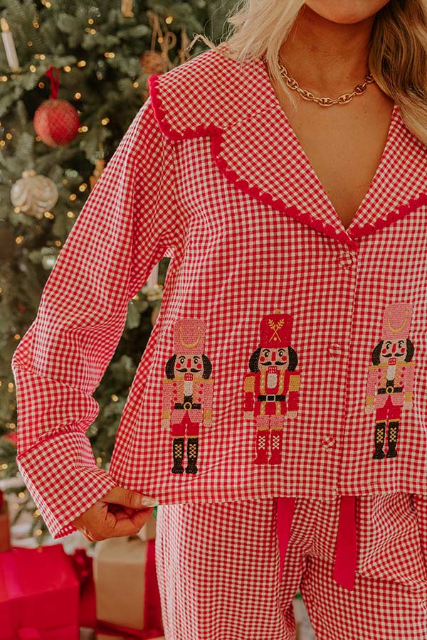 Nutcracker Charm Embroidered Gingham Pajama Top Image - 2