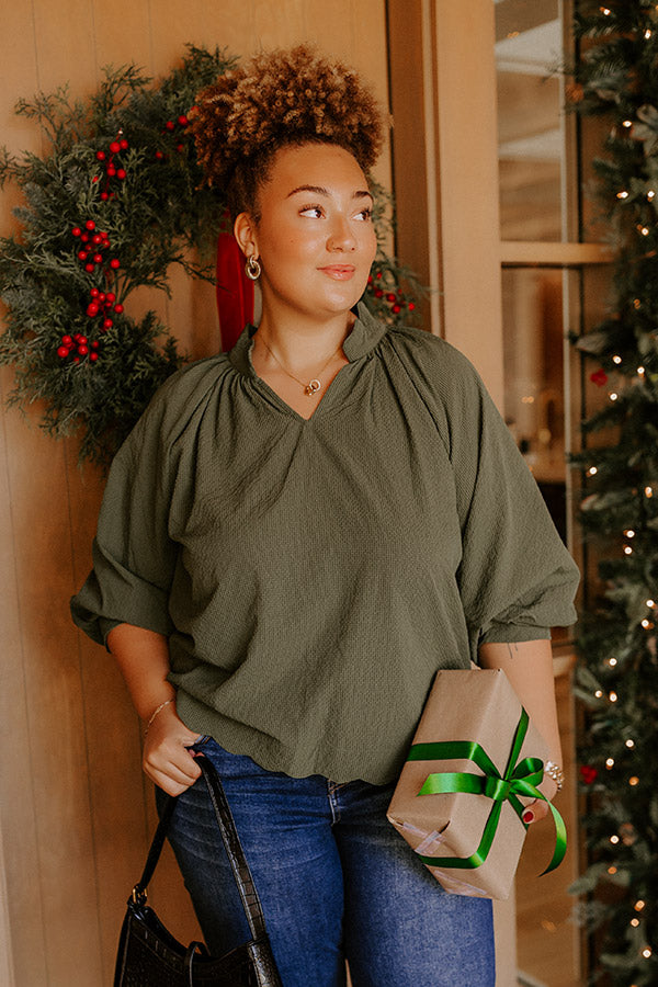 Dinner In Soho Scalloped Top in Olive Curves Image - 2
