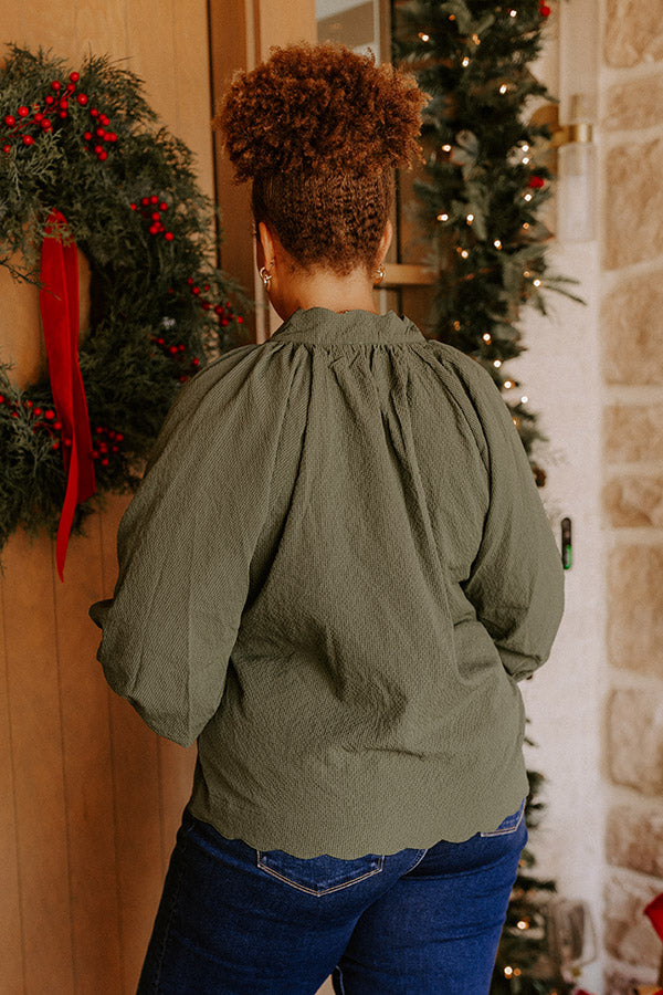 Dinner In Soho Scalloped Top in Olive Curves Image - 1
