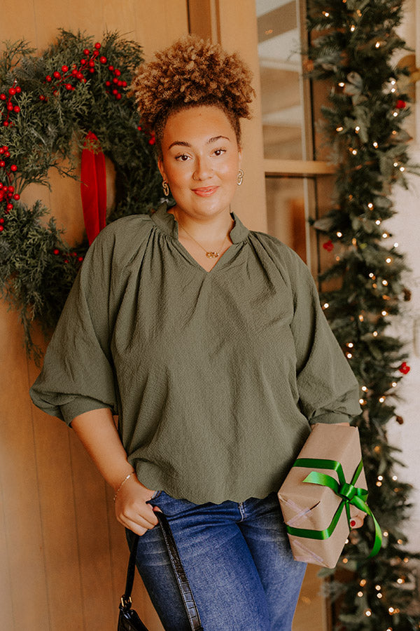 Dinner In Soho Scalloped Top in Olive Curves Image - 4
