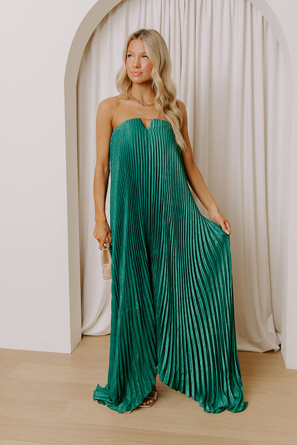 Moonlit Waltz Satin Pleated Maxi Dress in Emerald Image - 2