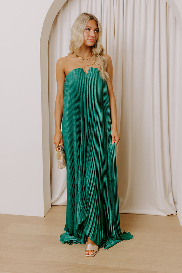 Moonlit Waltz Satin Pleated Maxi Dress in Emerald Image - 5