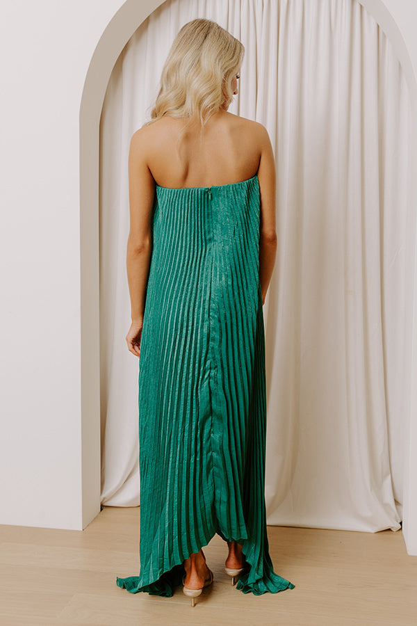 Moonlit Waltz Satin Pleated Maxi Dress in Emerald Image - 4