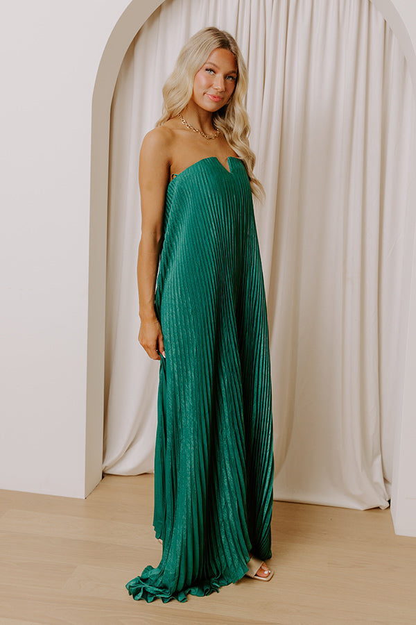 Moonlit Waltz Satin Pleated Maxi Dress in Emerald Image - 3