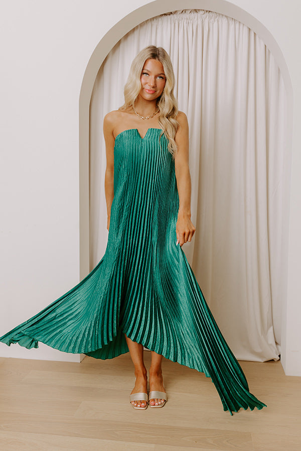 Moonlit Waltz Satin Pleated Maxi Dress in Emerald Image - 1