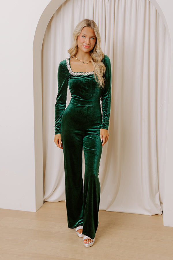 Glamour Rush Jewel Embellished Velvet Jumpsuit in Emerald Image - 3