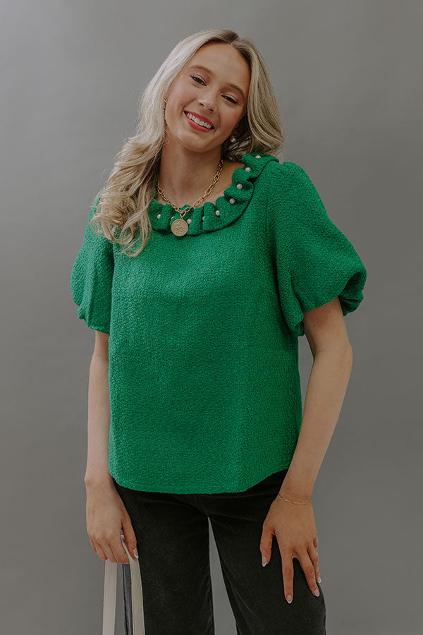 Polished Affair Embellished Tweed Top in Kelly Green Image - 1