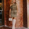 City Nights Faux Suede Asymmetrical Mini Dress in Olive Image - 1