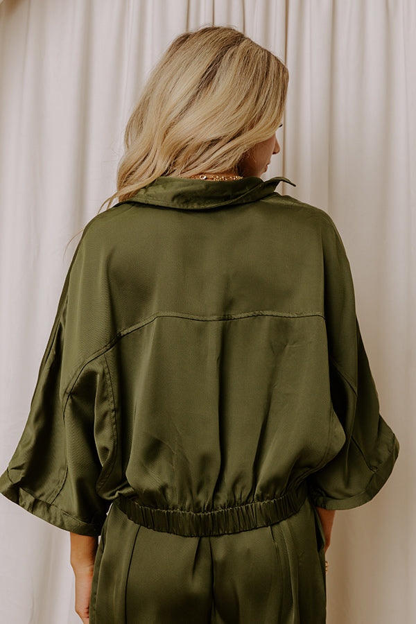 Perfectly Polished Satin Zip Up Top in Olive Image - 5
