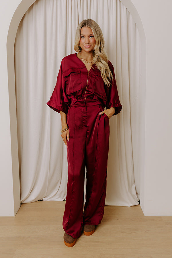 Perfectly Polished High Waist Satin Wide Leg Pants in Merlot Image - 1