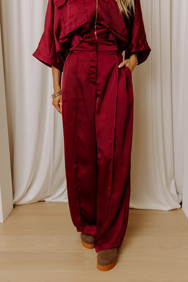 Perfectly Polished High Waist Satin Wide Leg Pants in Merlot Image - 2