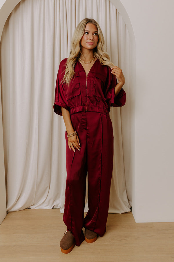 Perfectly Polished Satin Zip Up Top in Merlot Image - 2