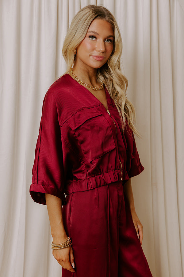 Perfectly Polished Satin Zip Up Top in Merlot Image - 5