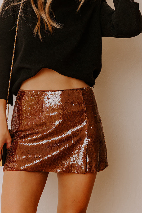 Shimmer Scene High Waist Sequin Mini Skirt in Chocolate Image - 3