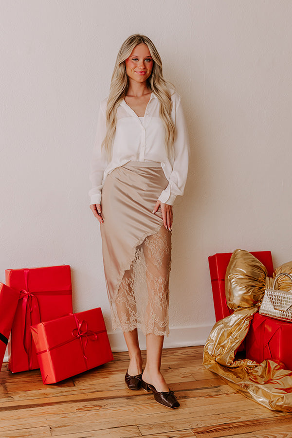 Femme Fatale High Waist Satin Lace Midi Skirt in Beige Image - 1