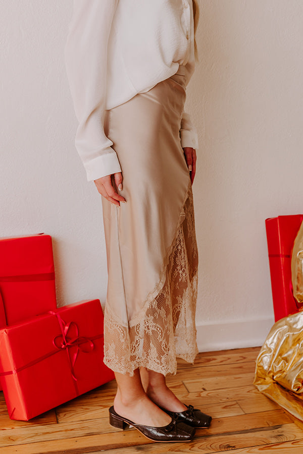 Femme Fatale High Waist Satin Lace Midi Skirt in Beige Image - 3