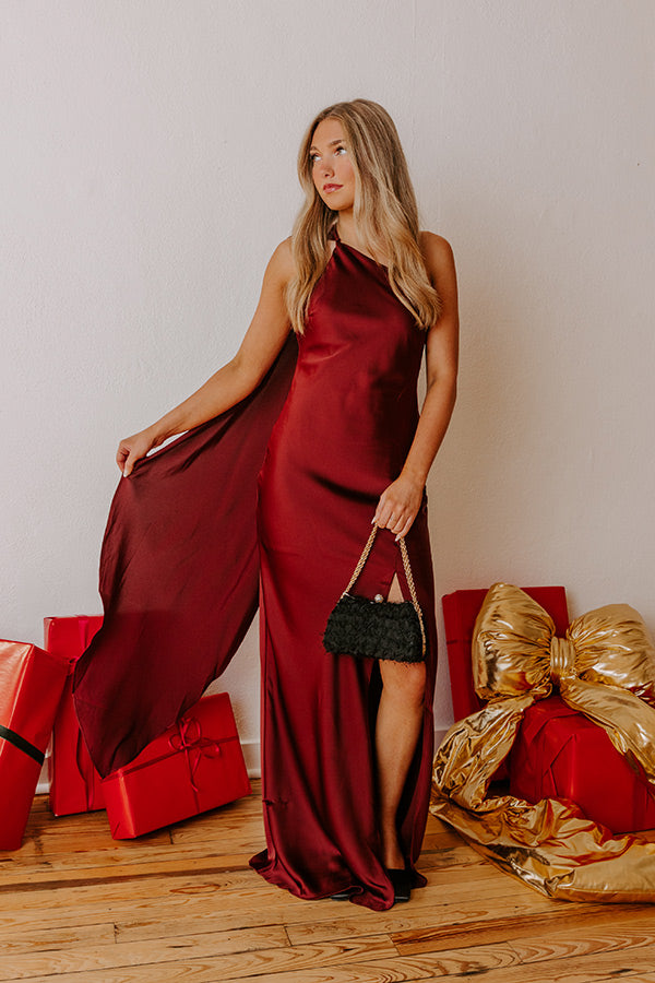 Glam Agenda Satin Asymmetrical Halter Drape Scarf Maxi Dress Image - 2