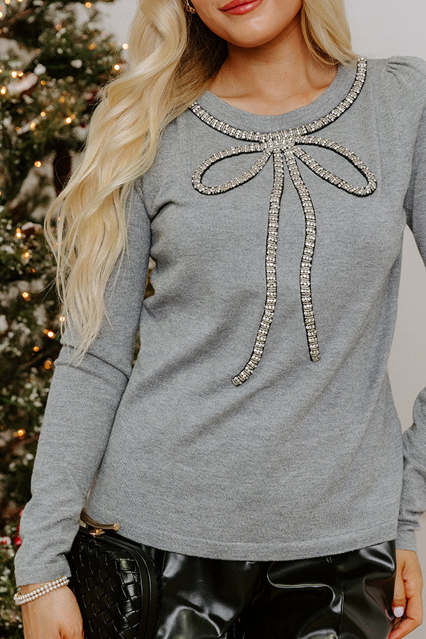 Merry Little Bow Embellished Sweater Top in Grey Image - 4